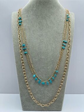Gold Tone Turquoise Stone Layered Chain Necklace Boho Statement